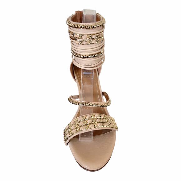 ALVEA Tan Leather Strappy Sandal Chain Stiletto Heels Ankle Strap Zip Closure 8 - Picture 3 of 9